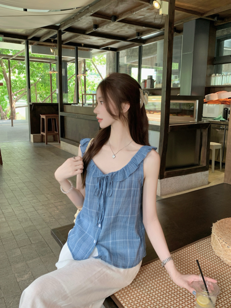 Korean style blue loose vest all-match plaid shirt for women