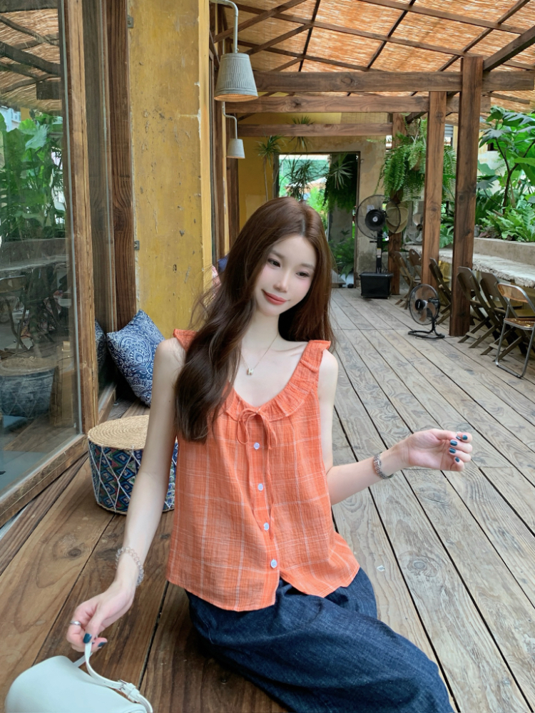 Korean style blue loose vest all-match plaid shirt for women