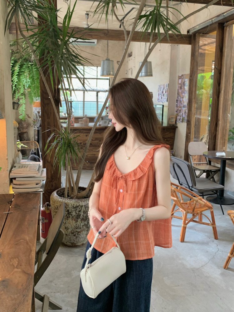 Korean style blue loose vest all-match plaid shirt for women