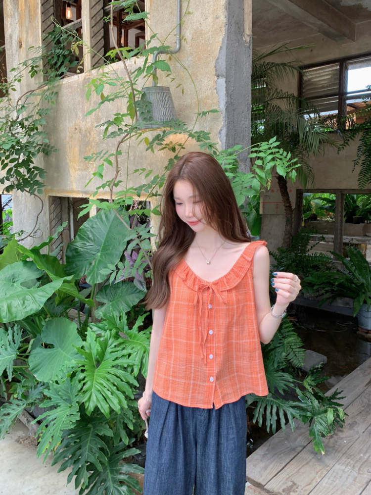 Korean style blue loose vest all-match plaid shirt for women