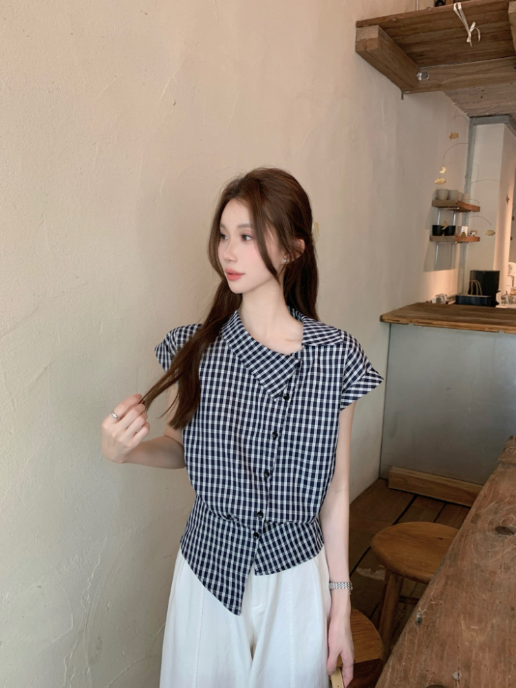Irregular temperament oblique collar retro blue commuting shirt