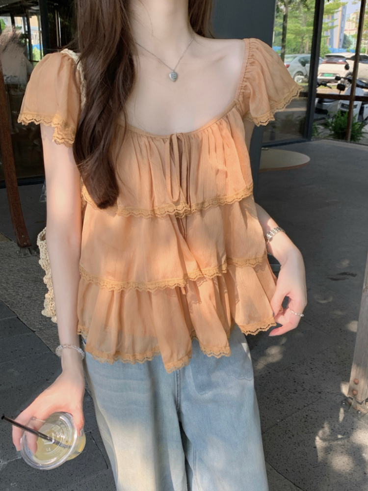 Veil splice lace shirt summer short sleeve tops