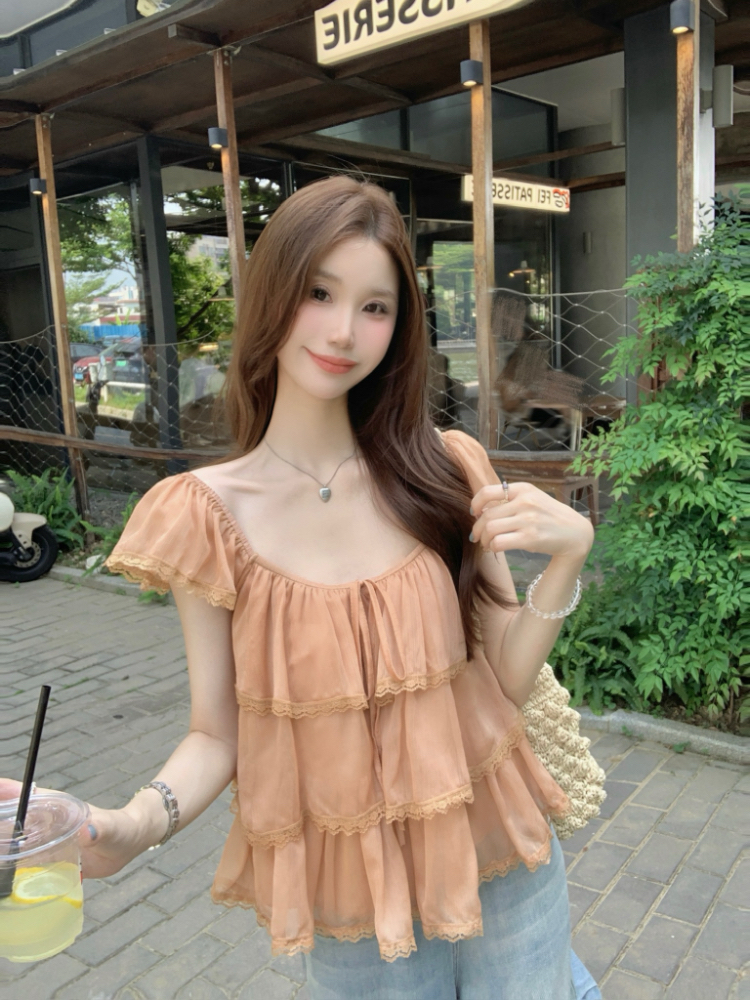 Veil splice lace shirt summer short sleeve tops