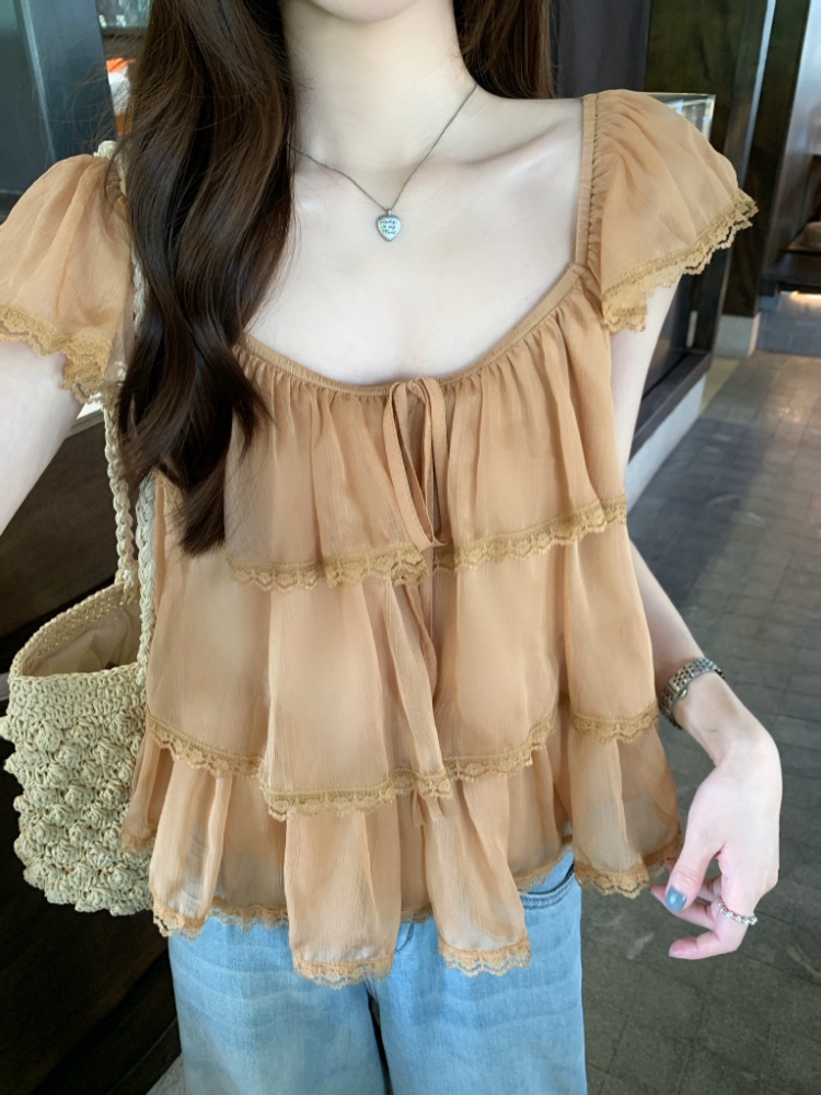 Veil splice lace shirt summer short sleeve tops