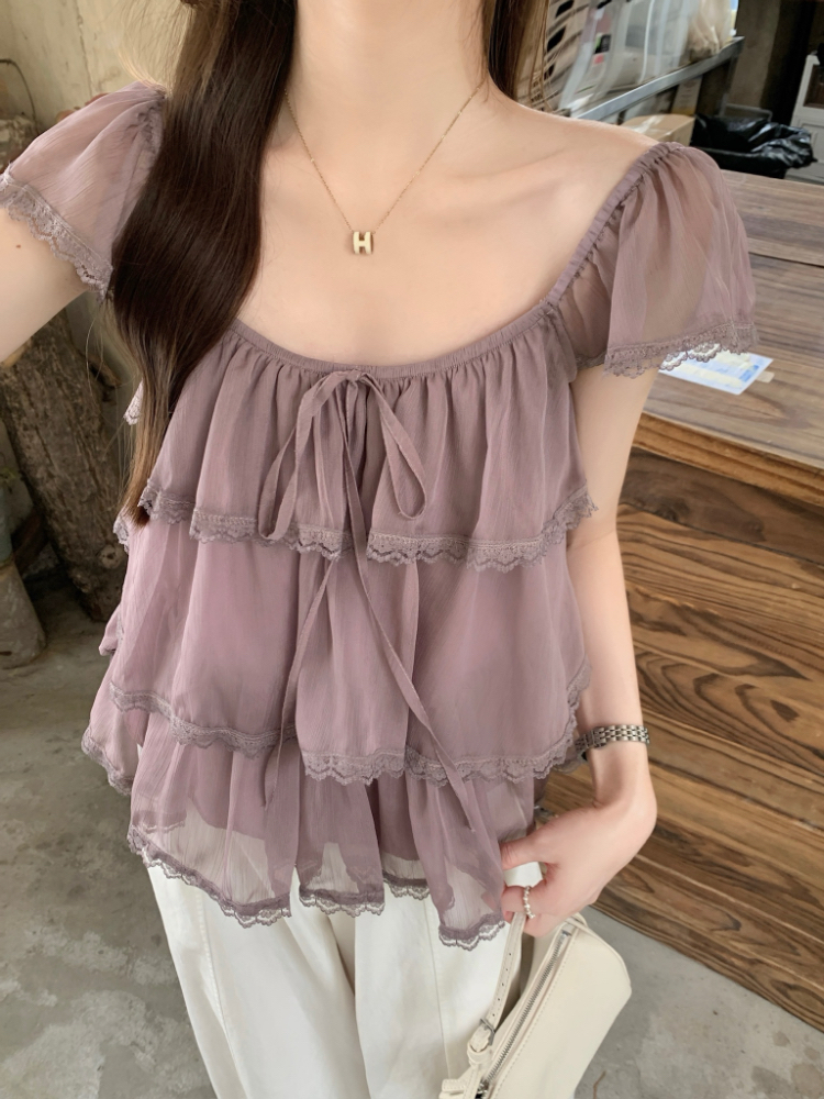Veil splice lace shirt summer short sleeve tops