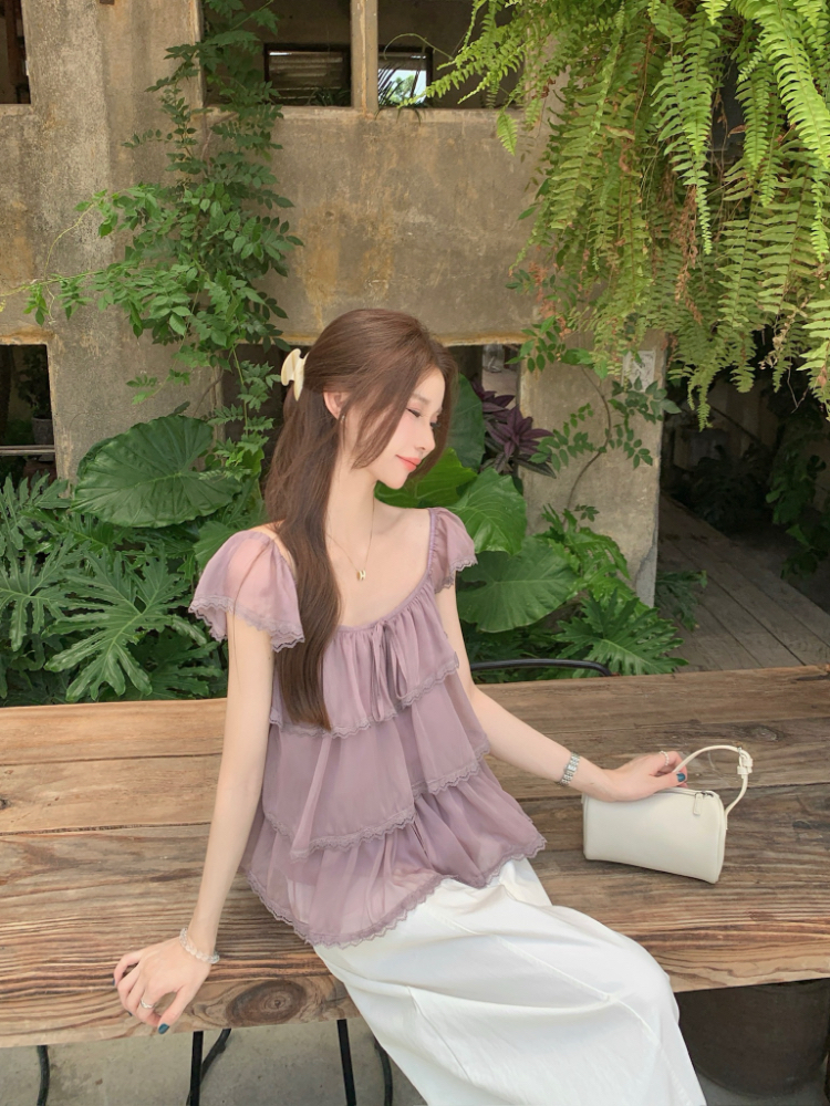 Veil splice lace shirt summer short sleeve tops