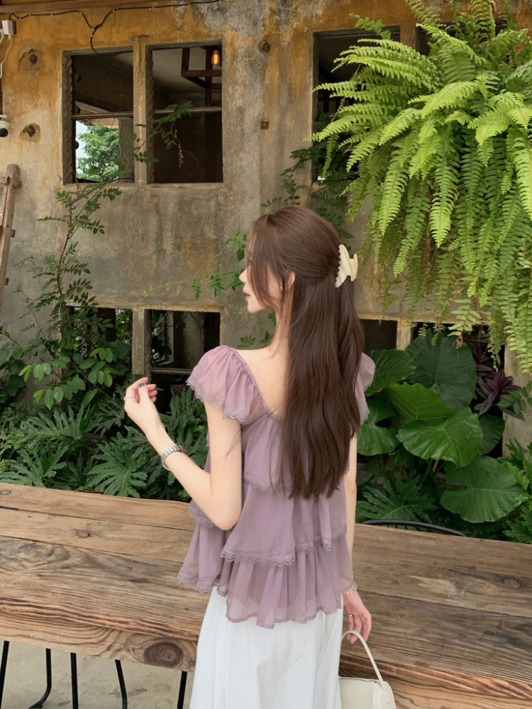 Veil splice lace shirt summer short sleeve tops