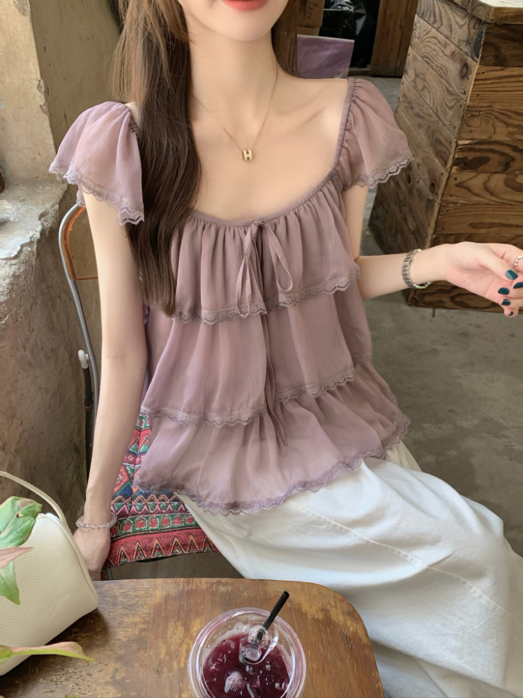 Veil splice lace shirt summer short sleeve tops