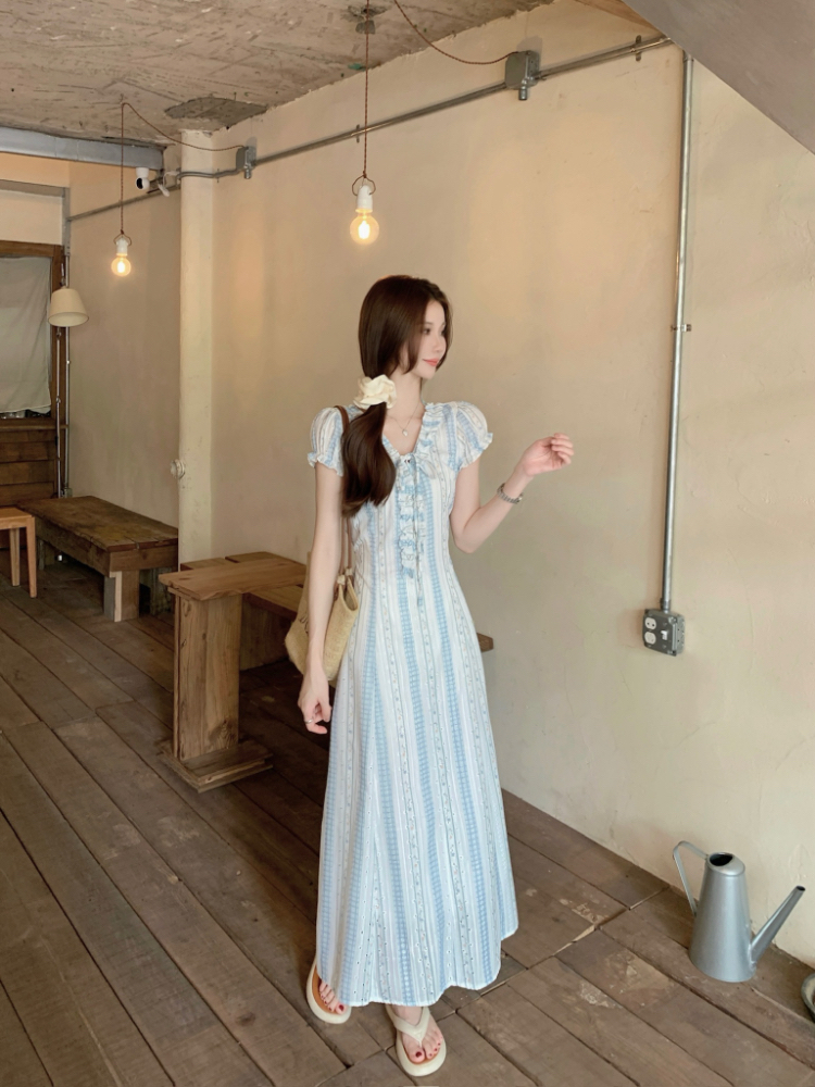 Slim wood ear dress puff sleeve long dress for women