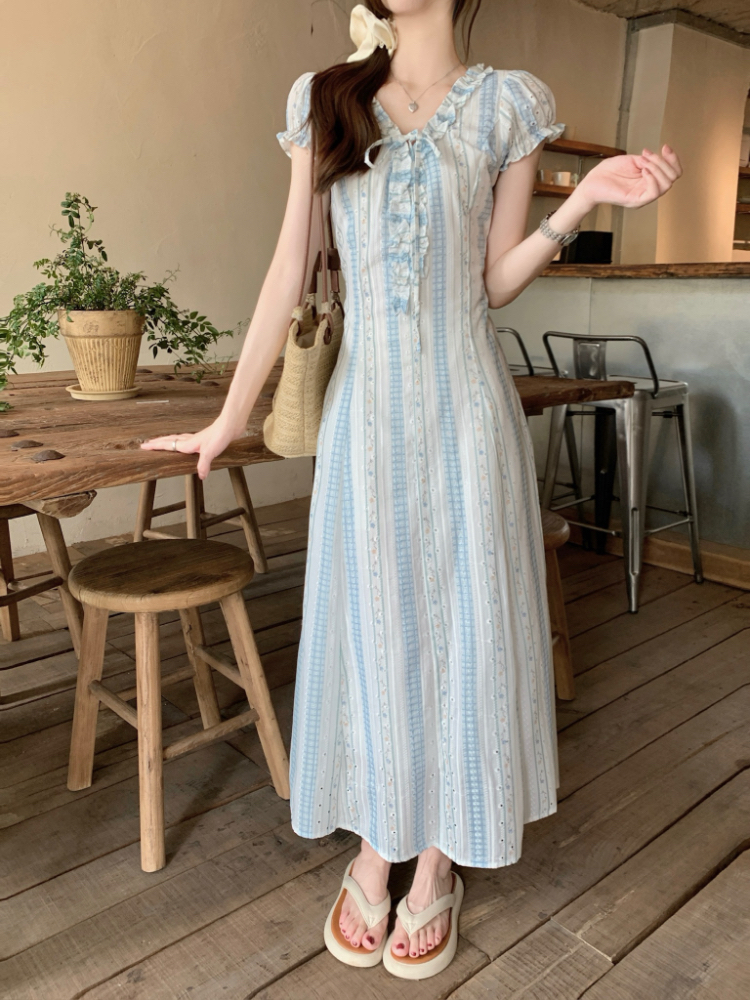 Slim wood ear dress puff sleeve long dress for women