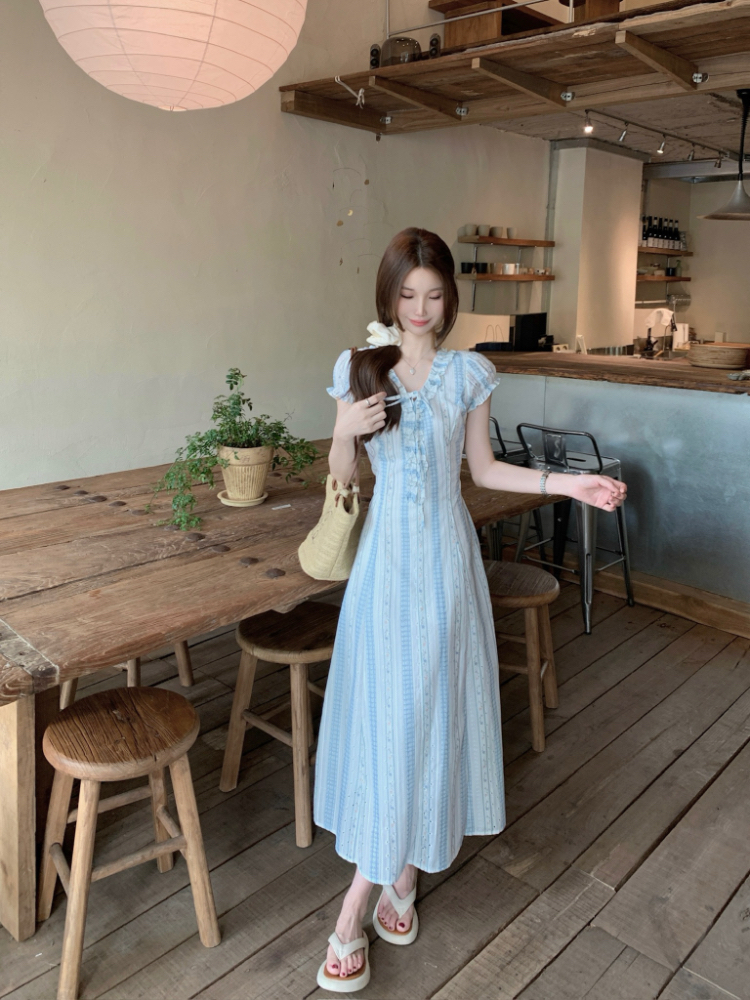 Slim wood ear dress puff sleeve long dress for women