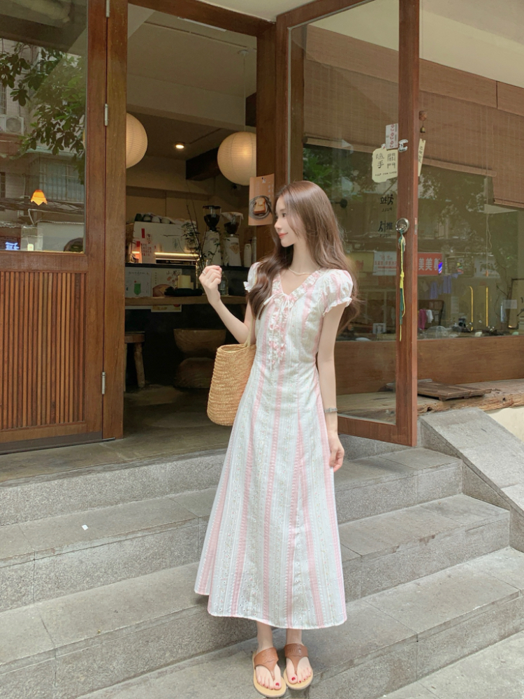 Slim wood ear dress puff sleeve long dress for women