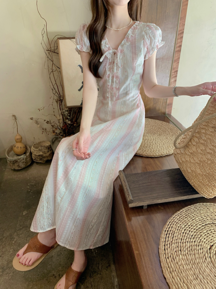 Slim wood ear dress puff sleeve long dress for women