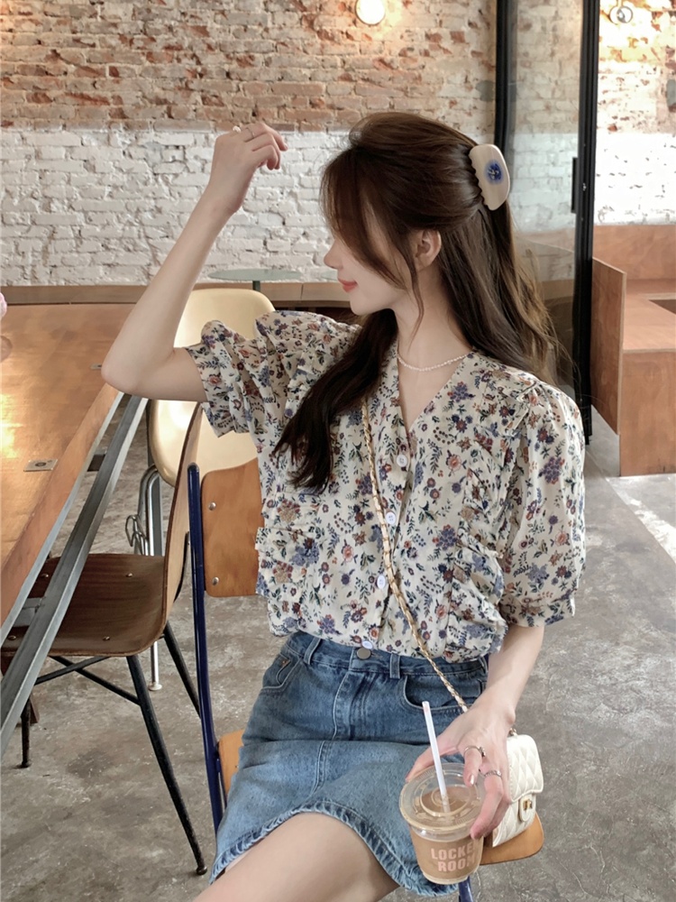 Sweet summer Korean style short sleeve retro shirt for women