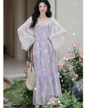 Collocation sling coat embroidery dress 2pcs set