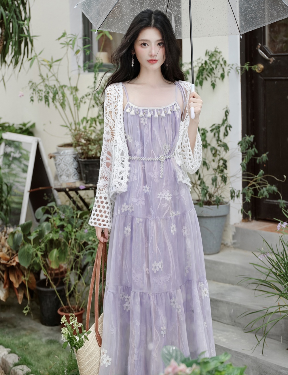 Collocation sling coat embroidery dress 2pcs set