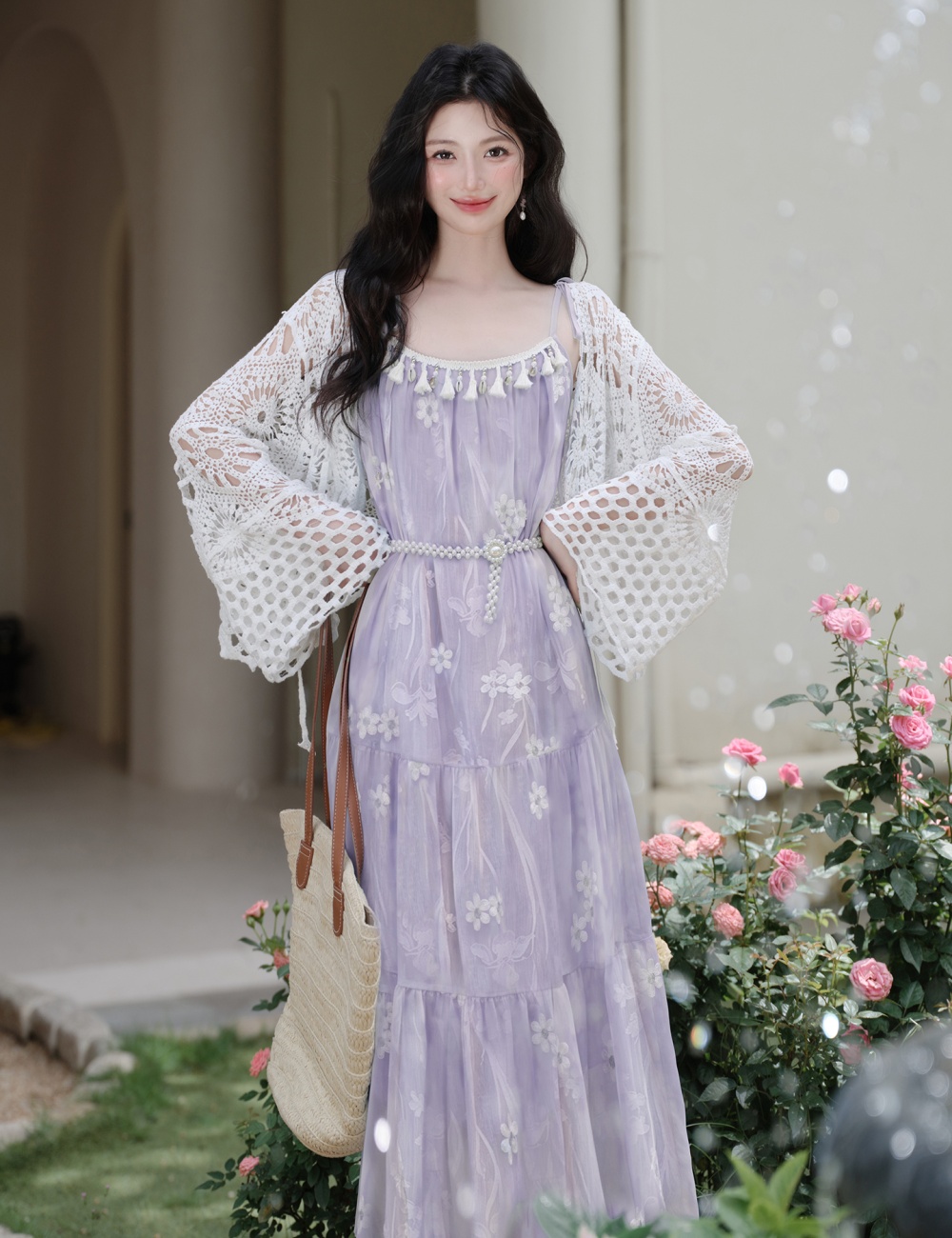 Collocation sling coat embroidery dress 2pcs set