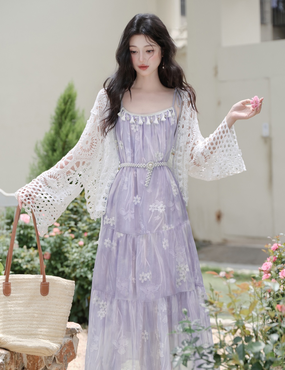 Collocation sling coat embroidery dress 2pcs set