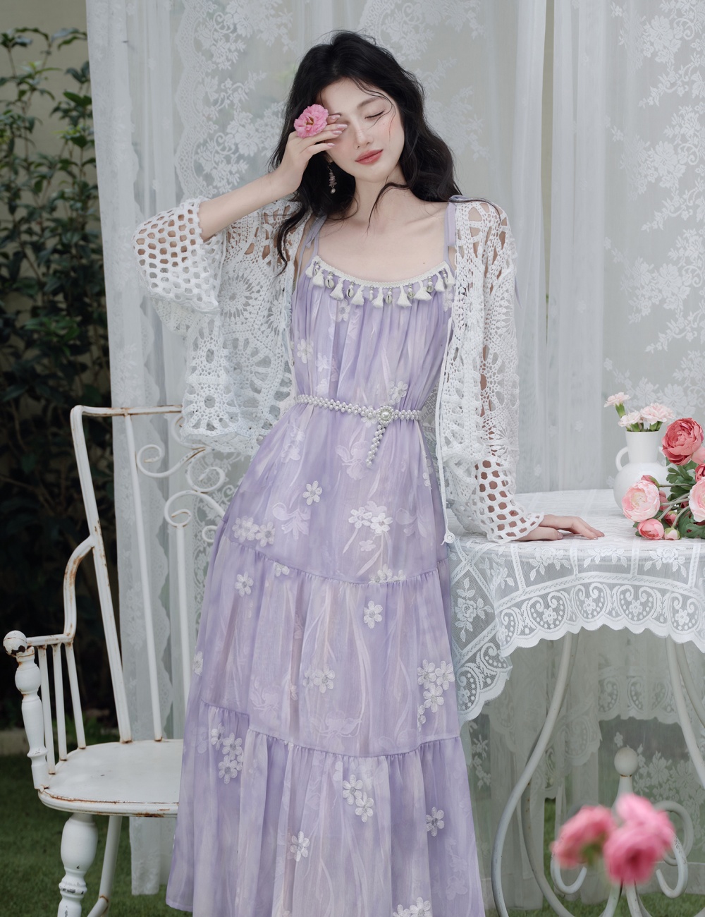 Collocation sling coat embroidery dress 2pcs set