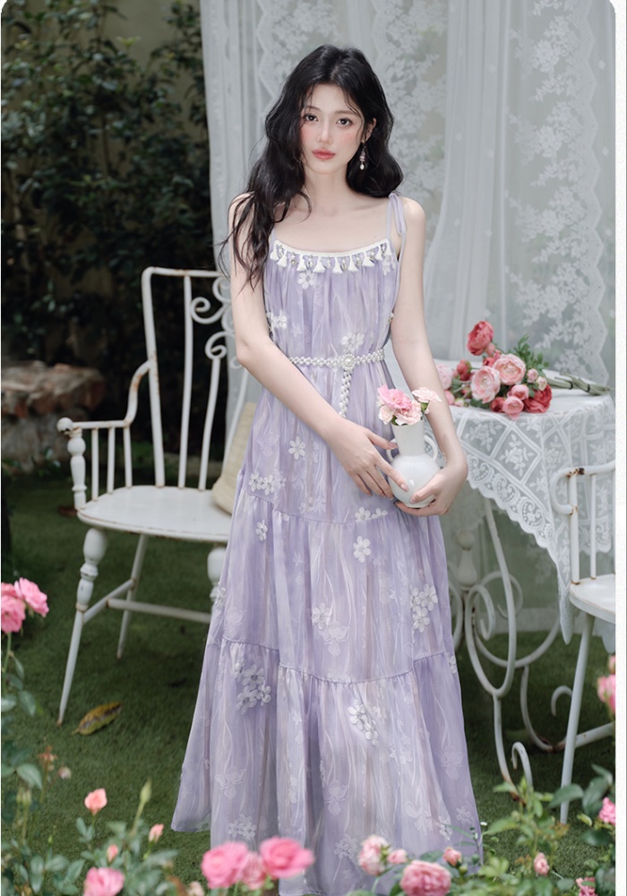 Collocation sling coat embroidery dress 2pcs set