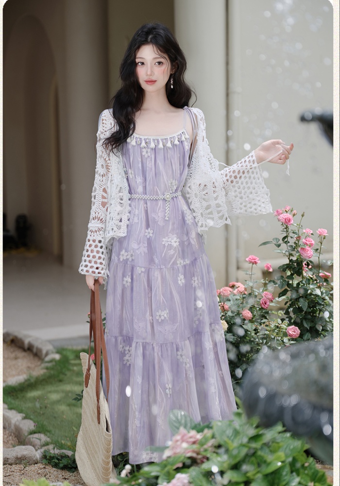 Collocation sling coat embroidery dress 2pcs set