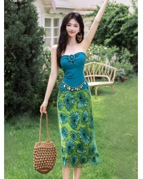 Vacation tops wrapped chest short skirt 2pcs set