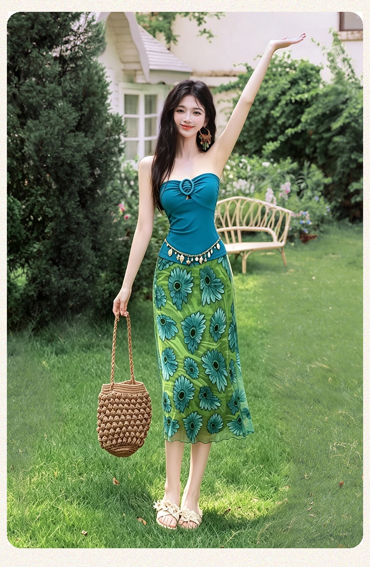 Vacation tops wrapped chest short skirt 2pcs set