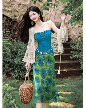 Vacation coat wrapped chest short skirt 3pcs set