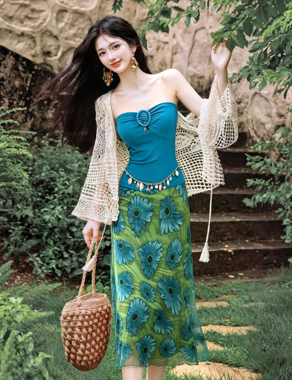 Vacation coat wrapped chest short skirt 3pcs set
