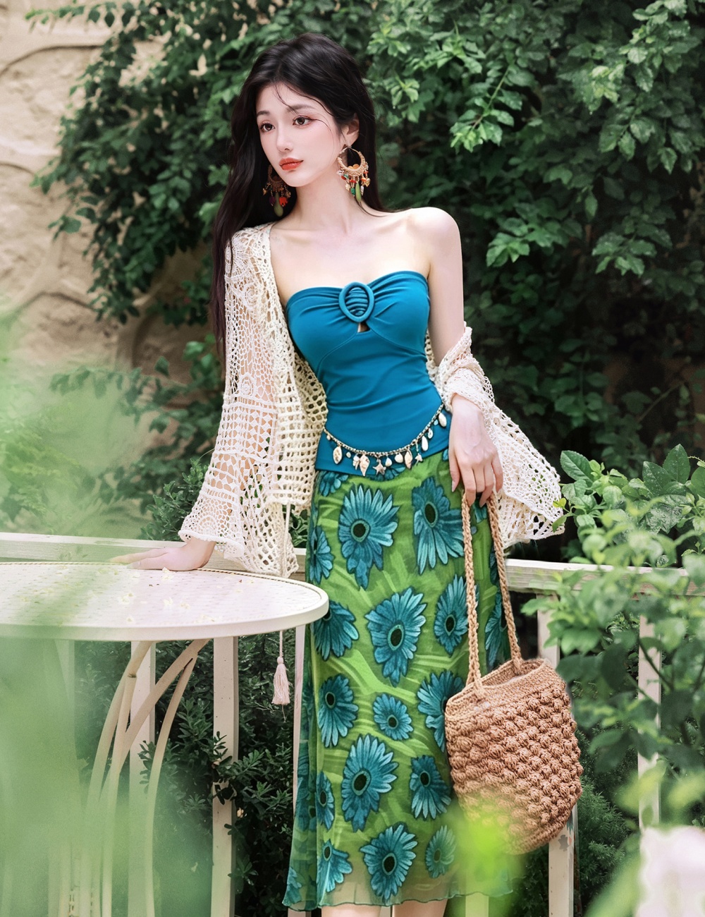 Vacation coat wrapped chest short skirt 3pcs set