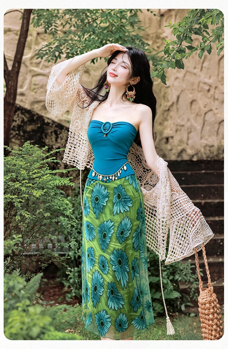 Vacation coat wrapped chest short skirt 3pcs set