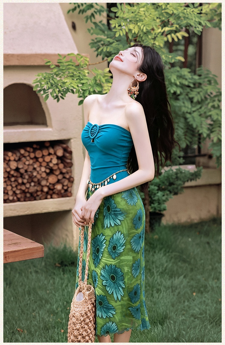 Vacation coat wrapped chest short skirt 3pcs set