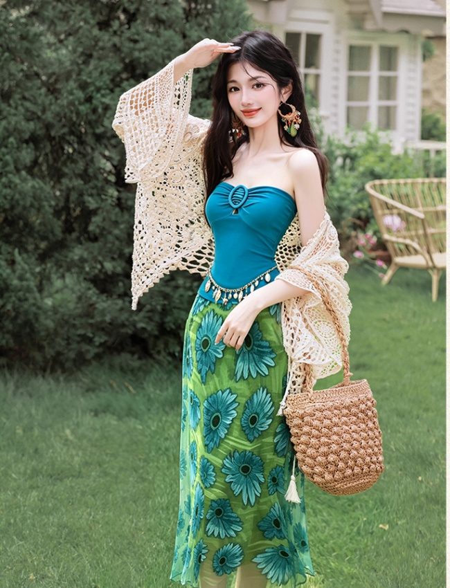Vacation coat wrapped chest short skirt 3pcs set