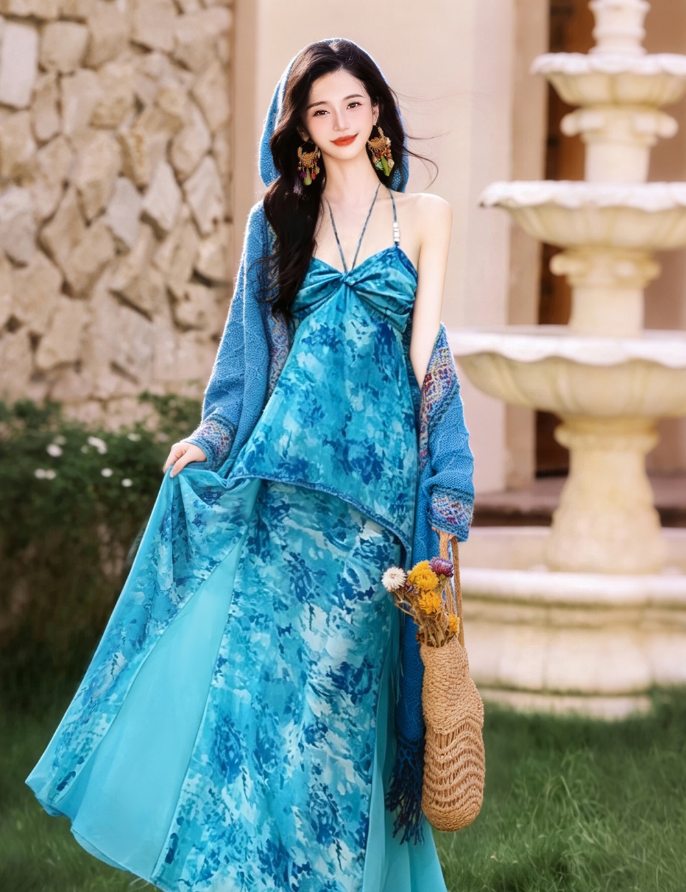 Collocation vacation shawl halter dress 2pcs set