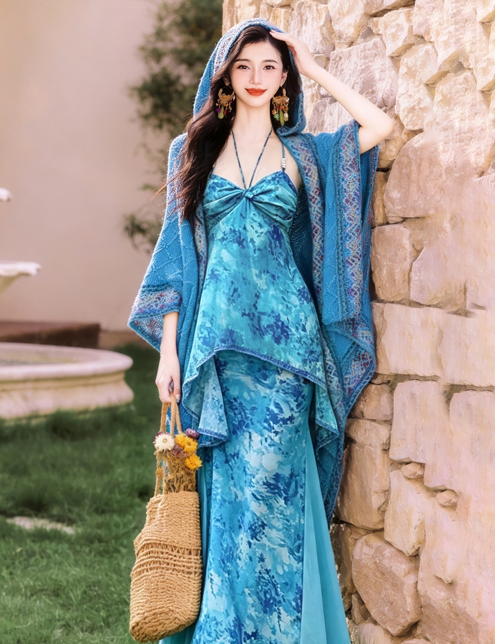 Collocation vacation shawl halter dress 2pcs set