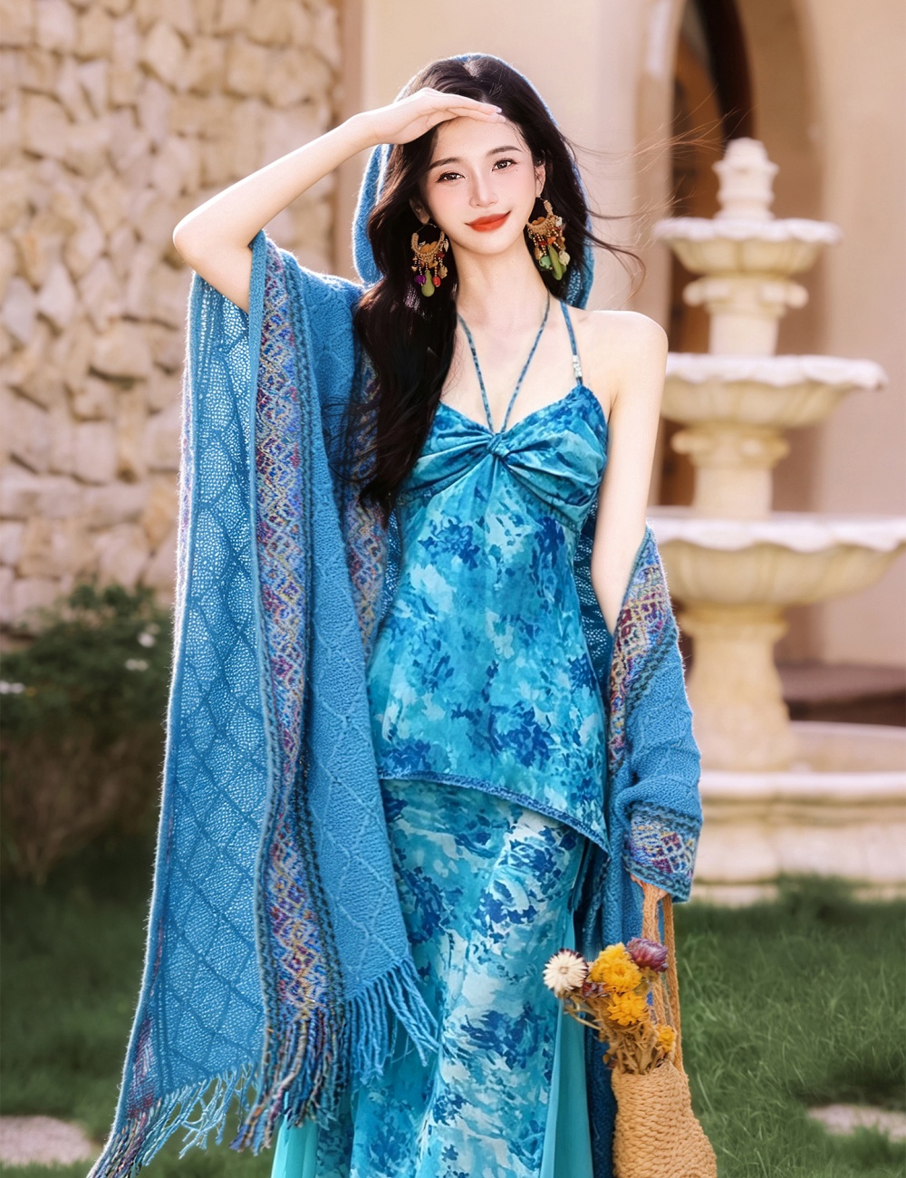 Collocation vacation shawl halter dress 2pcs set