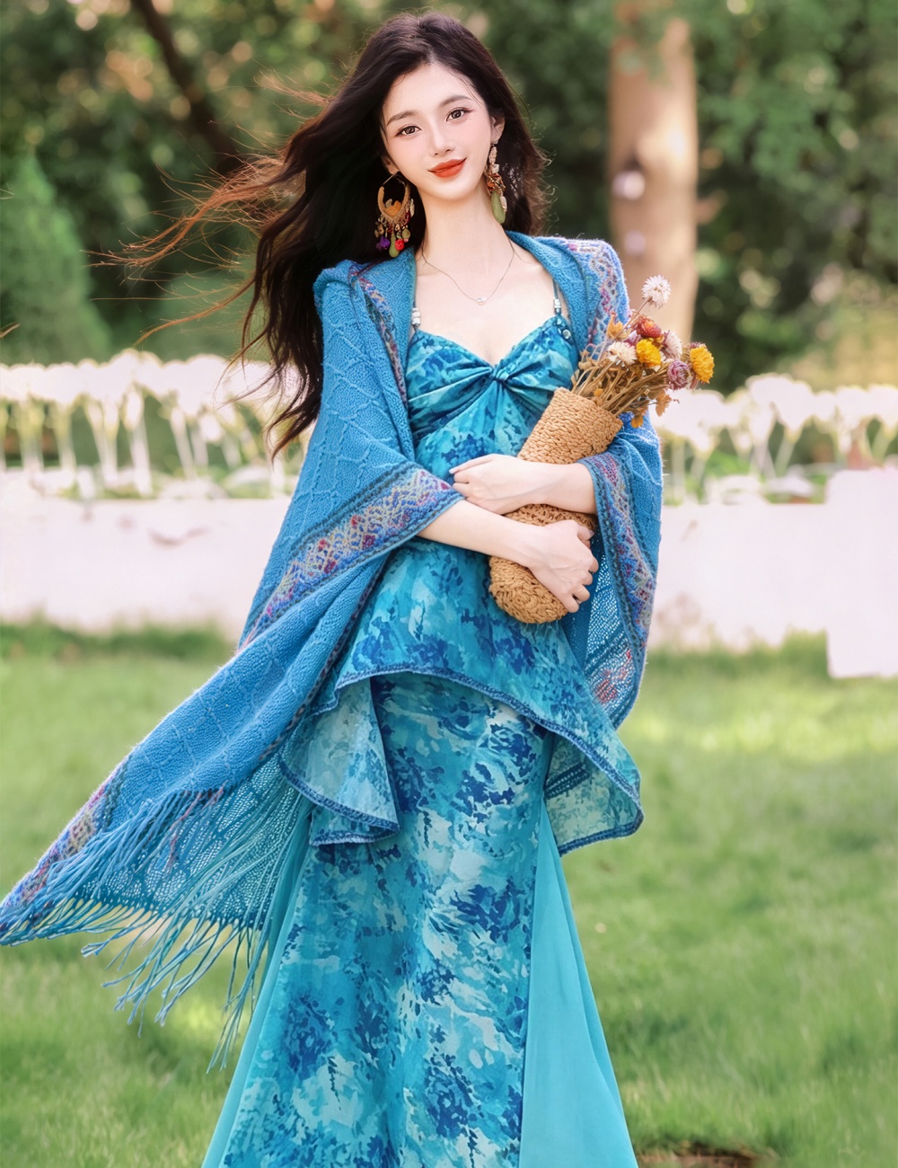 Collocation vacation shawl halter dress 2pcs set