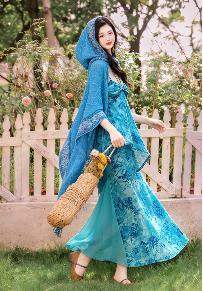 Collocation vacation shawl halter dress 2pcs set