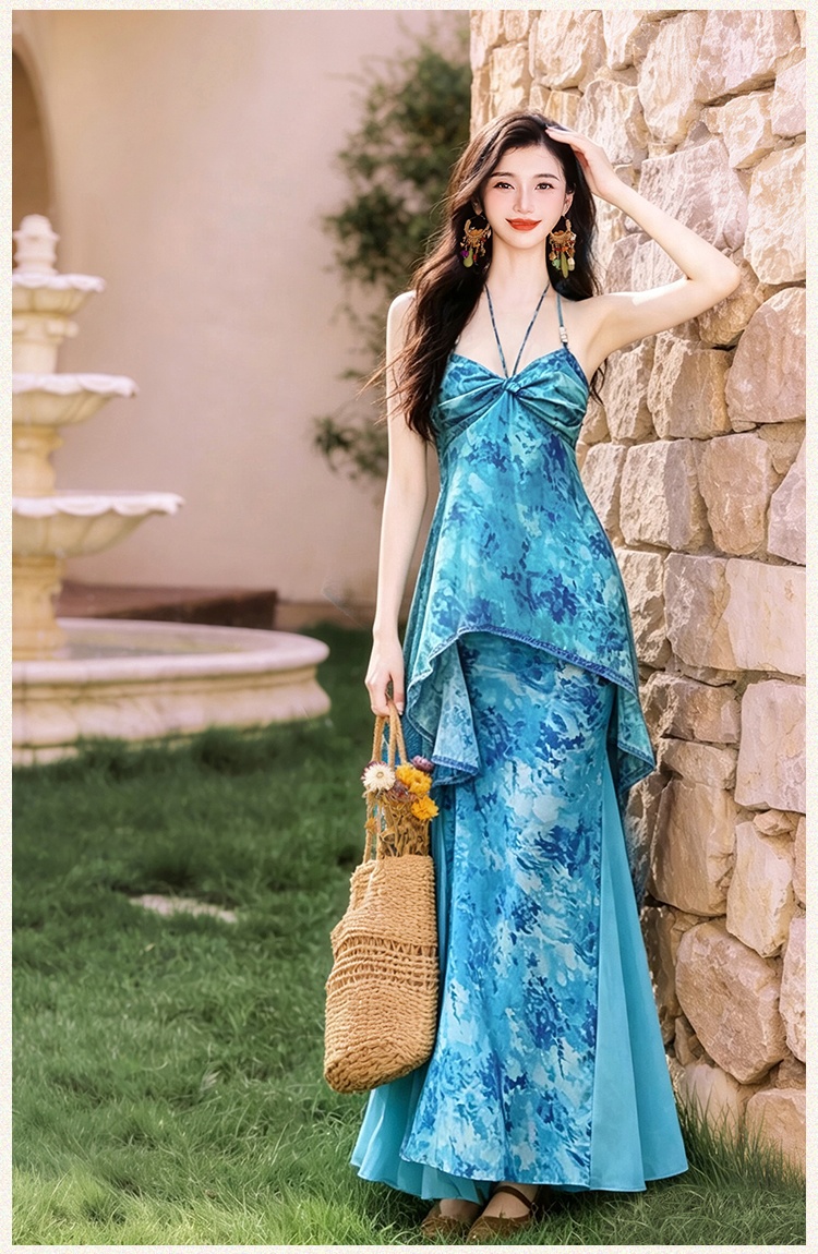 Collocation vacation shawl halter dress 2pcs set