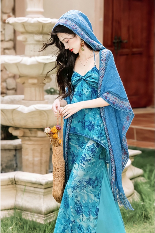 Collocation vacation shawl halter dress 2pcs set