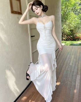 Long gauze lotus leaf edges sling high slit dress