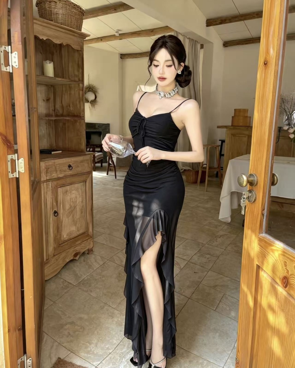 Long gauze lotus leaf edges sling high slit dress