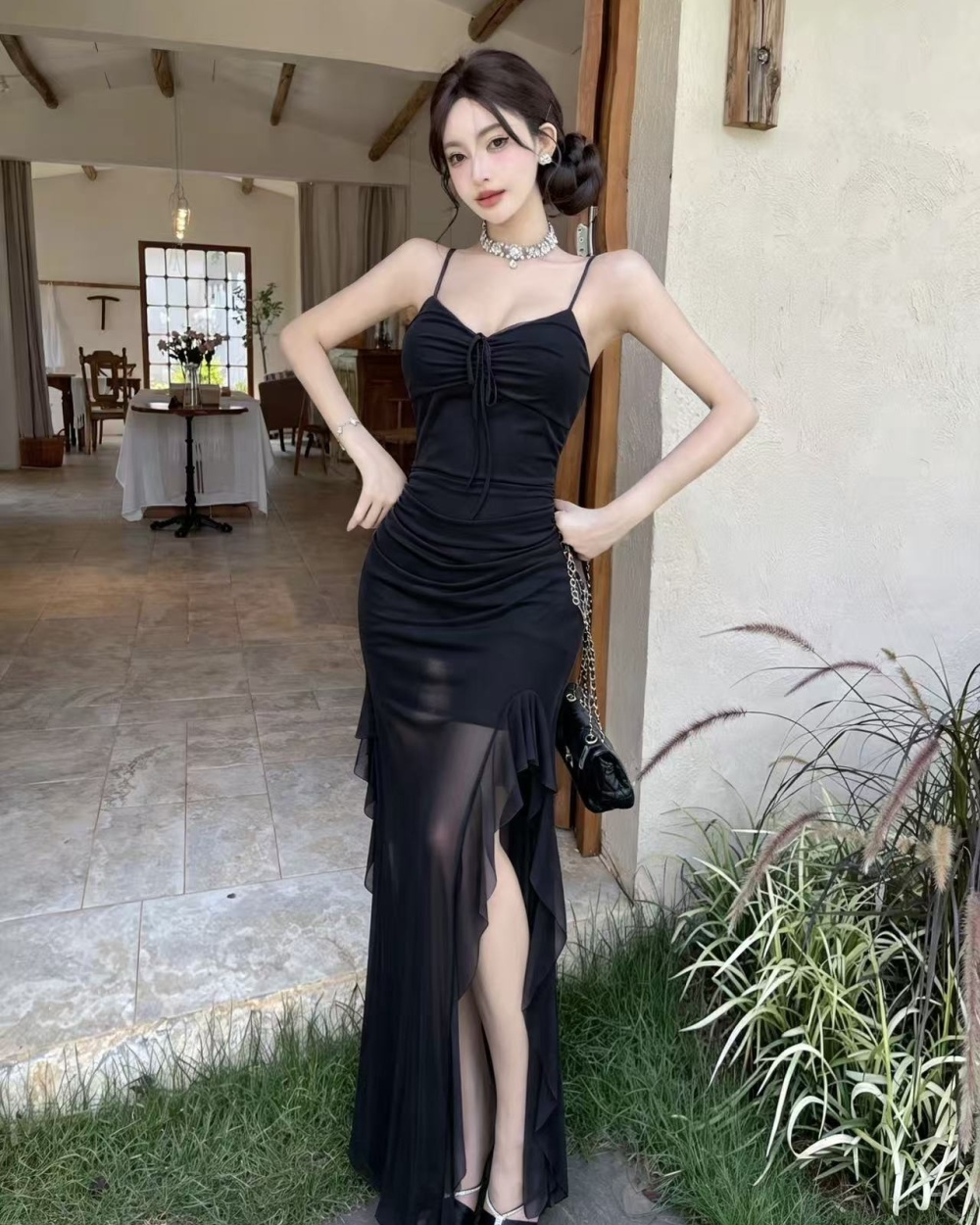 Long gauze lotus leaf edges sling high slit dress
