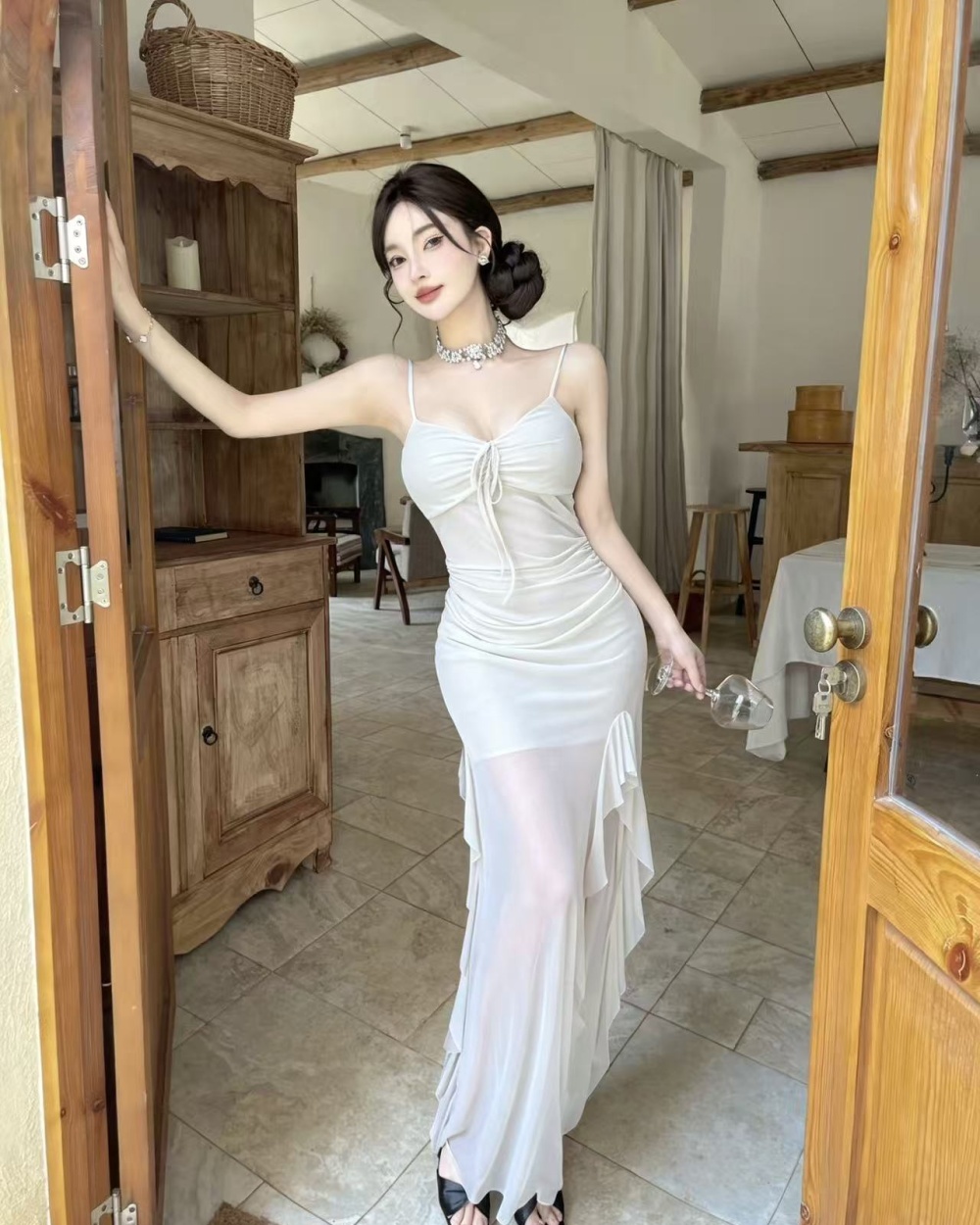 Long gauze lotus leaf edges sling high slit dress