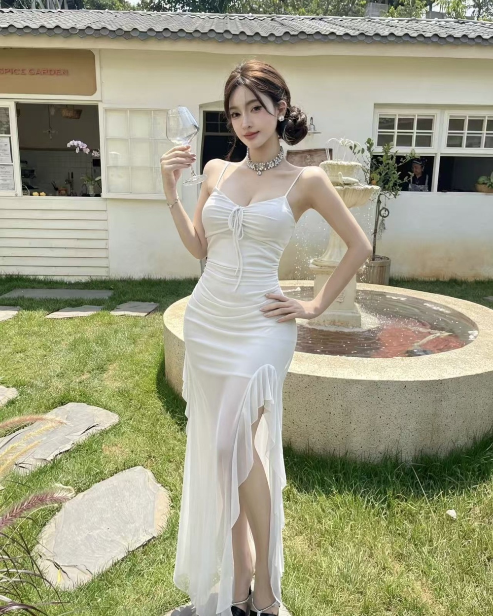 Long gauze lotus leaf edges sling high slit dress