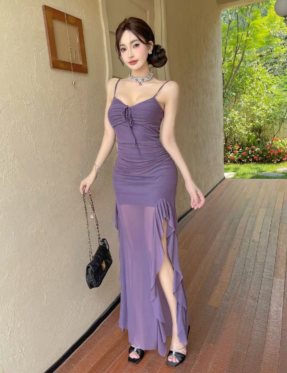Long gauze lotus leaf edges sling high slit dress