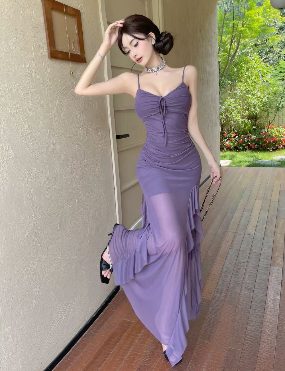 Long gauze lotus leaf edges sling high slit dress