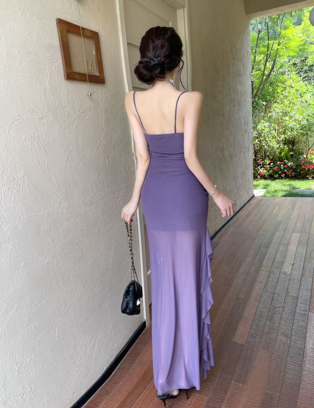 Long gauze lotus leaf edges sling high slit dress
