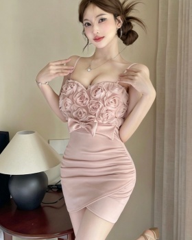 Summer pinched waist flowers package hip dress for women