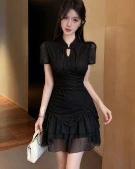 Short sleeve gauze irregular T-back double lace cheongsam